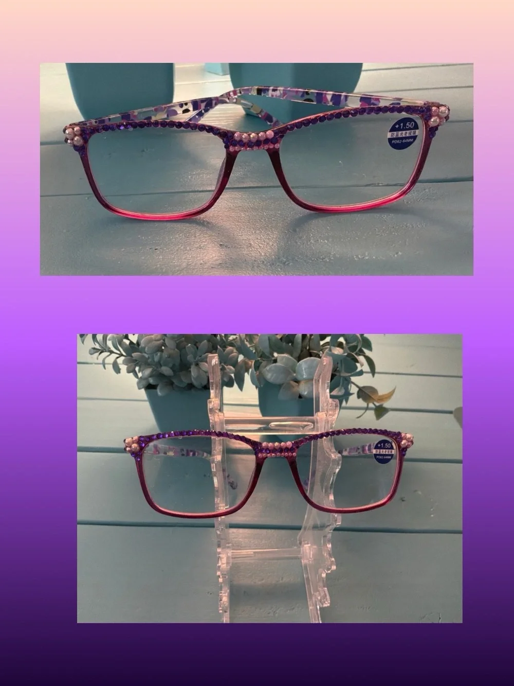 Handmade Purple Bejeweled Reading Glasses (+1.50)